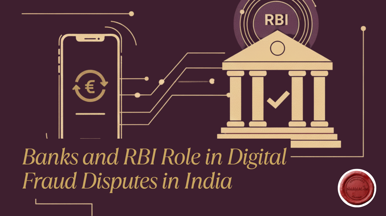 Illustration showing a smartphone connected to a bank building under RBI oversight, representing how banks and the Reserve Bank of India handle digital fraud disputes in India.