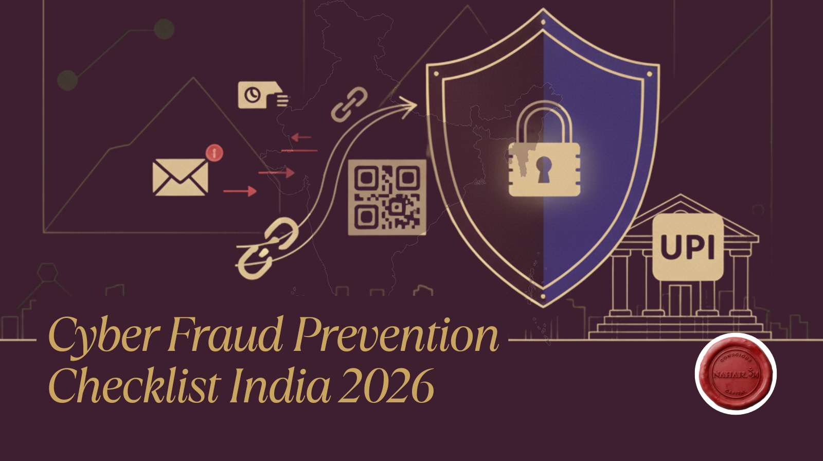 Cyber fraud prevention checklist India 2026 - illustration showing email phishing alert, malicious links, QR code scam, protective shield with padlock, and UPI security protecting digital payments