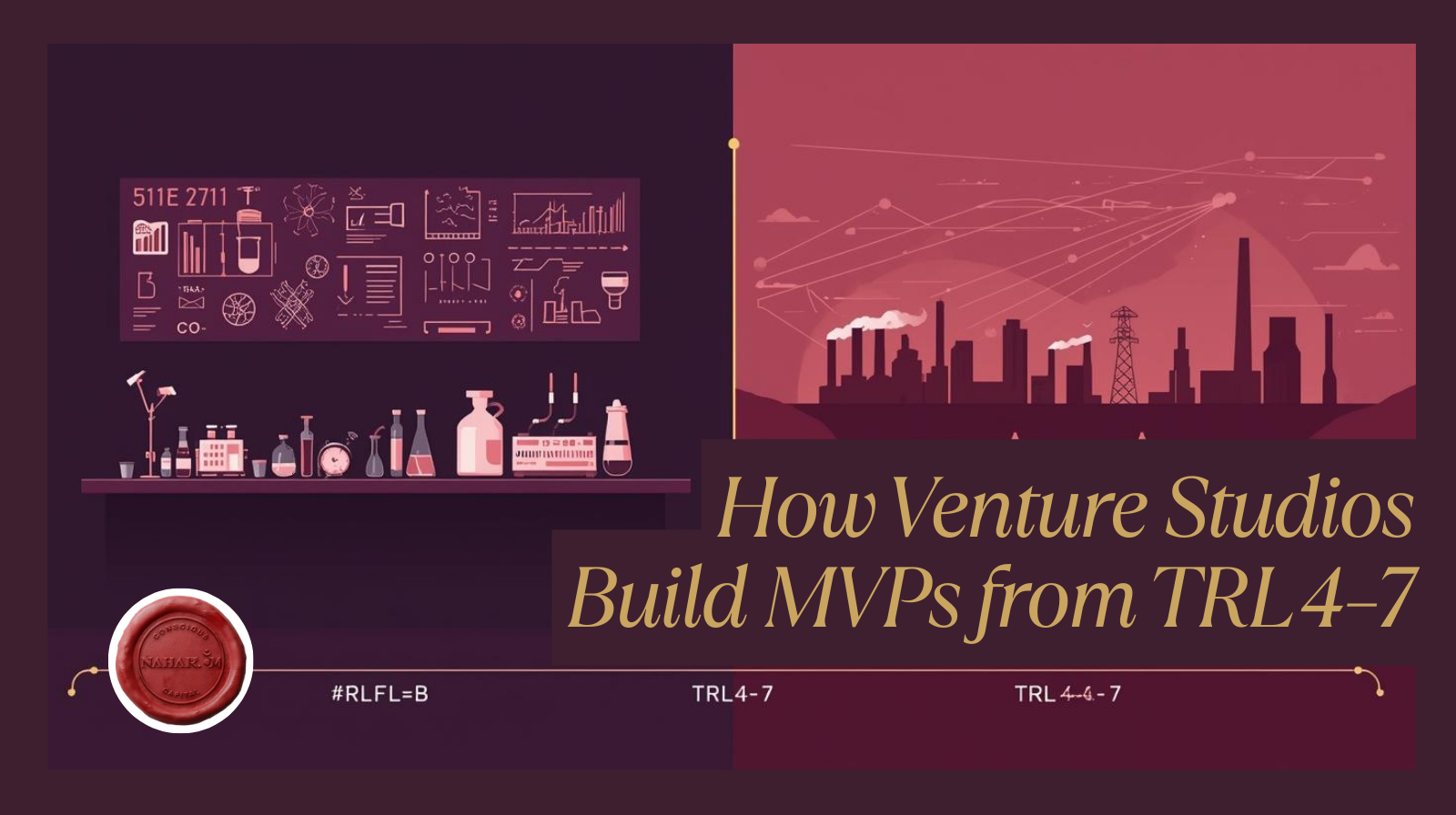 Illustration showing transition from laboratory research to industrial deployment, representing how venture studios build MVPs from TRL 4 to TRL 7