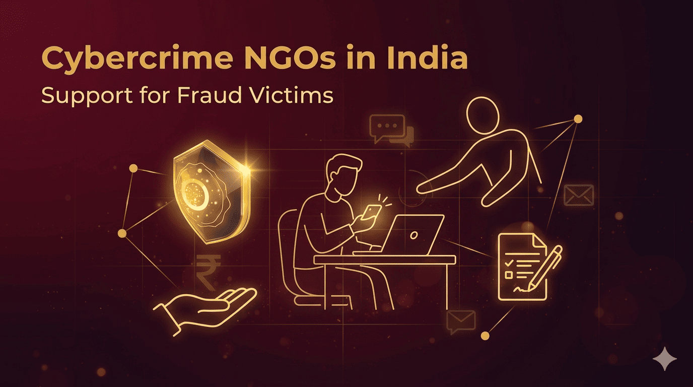 Cybercrime NGOs in India supporting fraud victims with guidance reporting and financial protection illustration