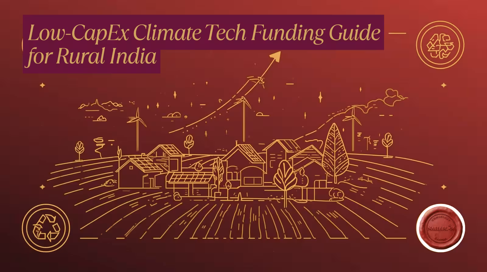 Climate technology funding illustration showing rural Indian village with solar panels, sustainable agriculture, and renewable energy infrastructure in golden iconography on deep maroon background representing low-CapEx solutions for Bharat