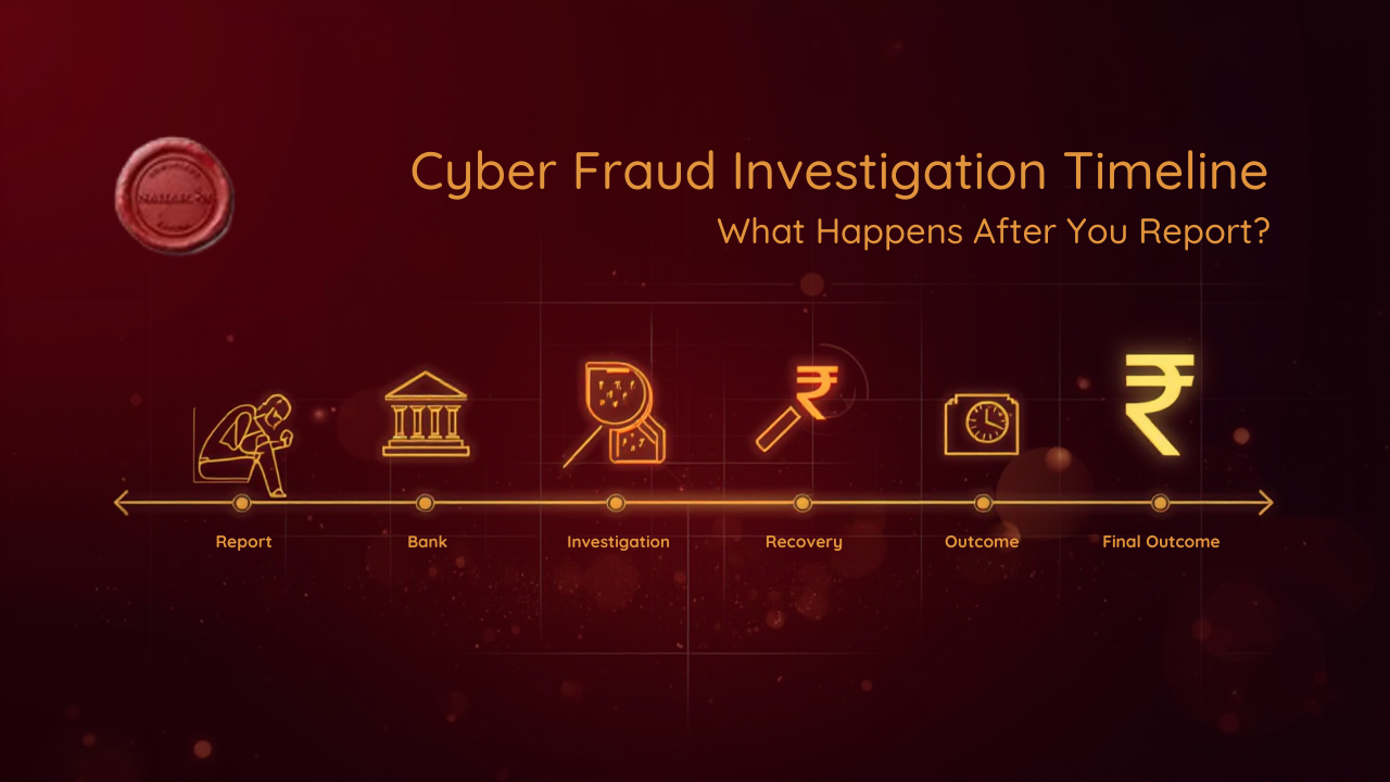Cyber fraud investigation timeline in India showing report bank investigation recovery and final outcome process