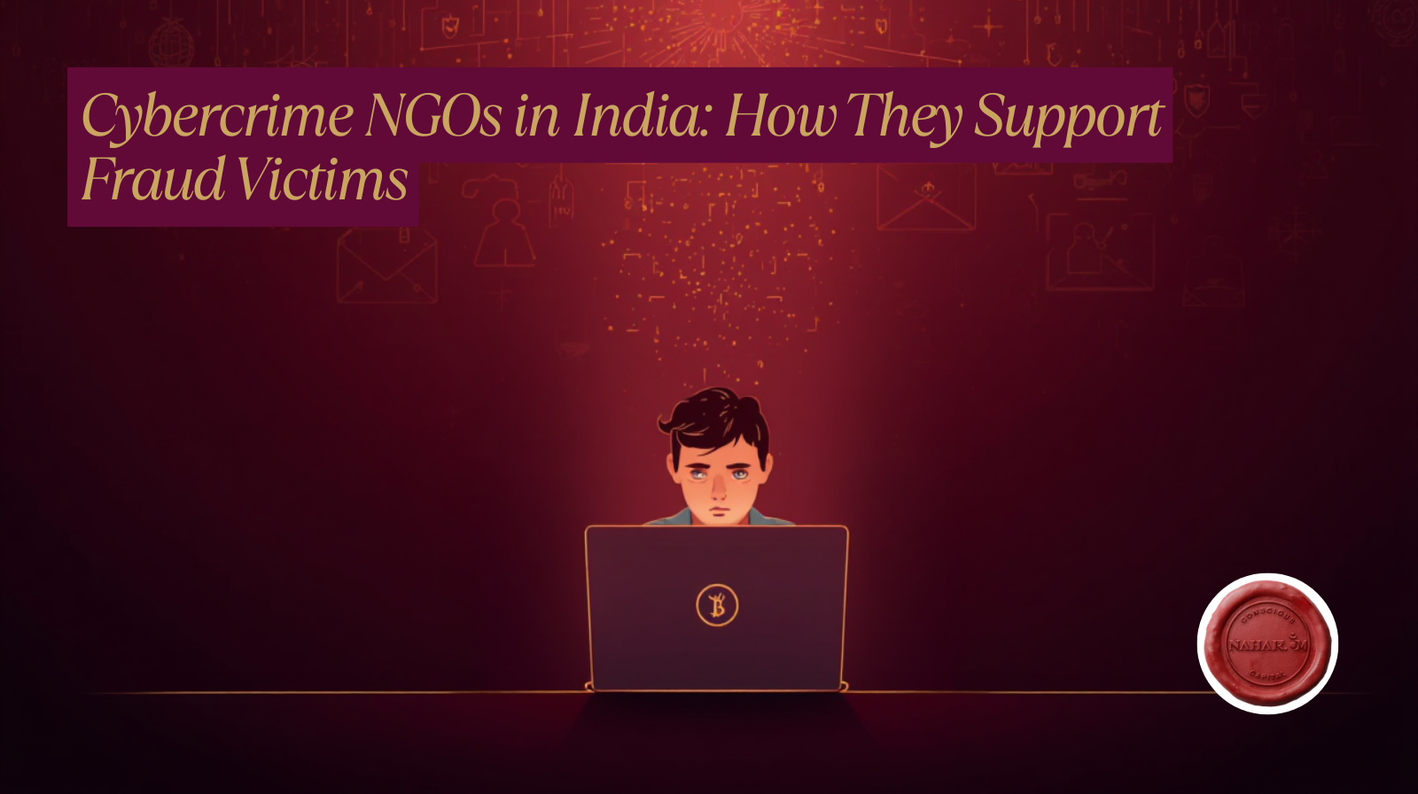 A conceptual illustration or infographic showing support for cybercrime victims in India, featuring symbols of digital security and cybercrime NGOs in India assistance.
