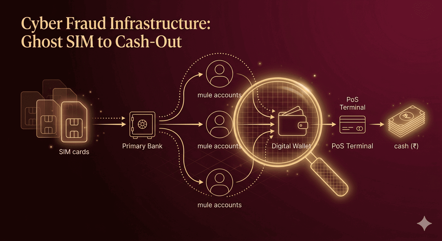 Ghost SIMs to cash-out cyber fraud flow showing SIM cards, mule accounts, digital wallet, PoS terminal and cash extraction in India