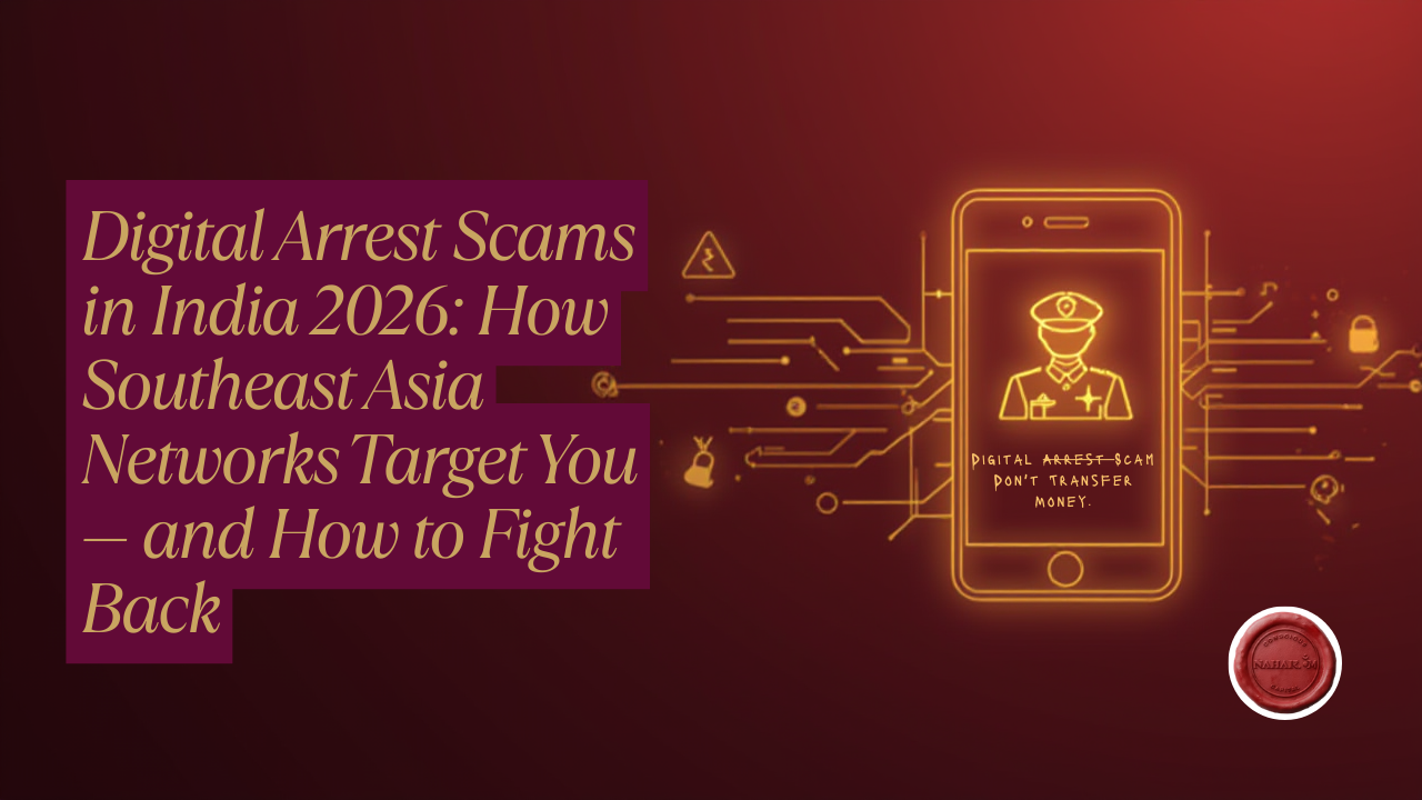 Digital arrest scam in India illustration showing fake police officer video call and cyber fraud warning not to transfer money