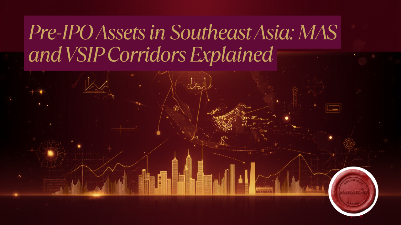Pre-ipo assets: A sophisticated blog thumbnail graphic illustrating pre-IPO investment flows in Southeast Asia, featuring the MAS corridor in Singapore and the VSIP corridor connecting Vietnam and Singapore.