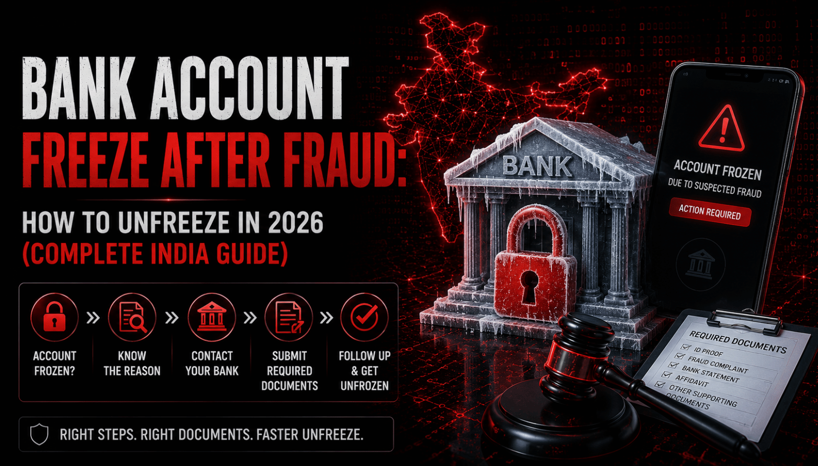Bank account freeze after cyber fraud showing account unfreeze process, legal procedures, banking documents, and compliance requirements
