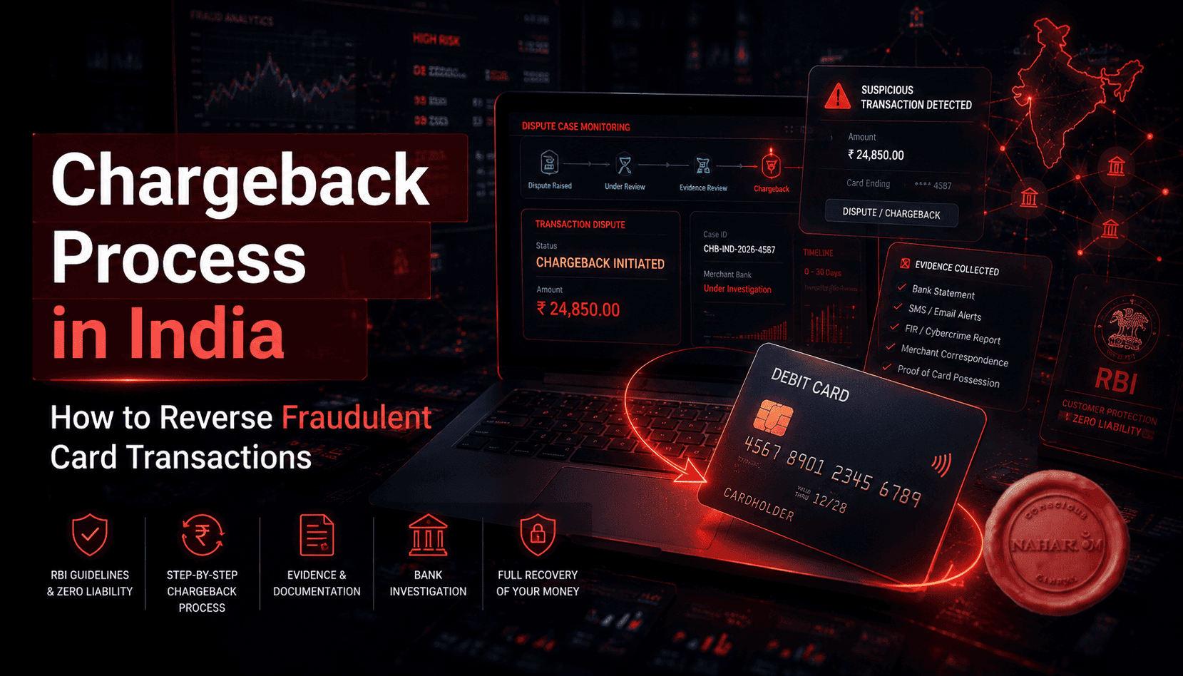 Cybercrime-themed illustration showing chargeback process in India with fraudulent card transaction investigation dashboard, RBI protection visuals, debit card dispute system, and banking fraud recovery interface.