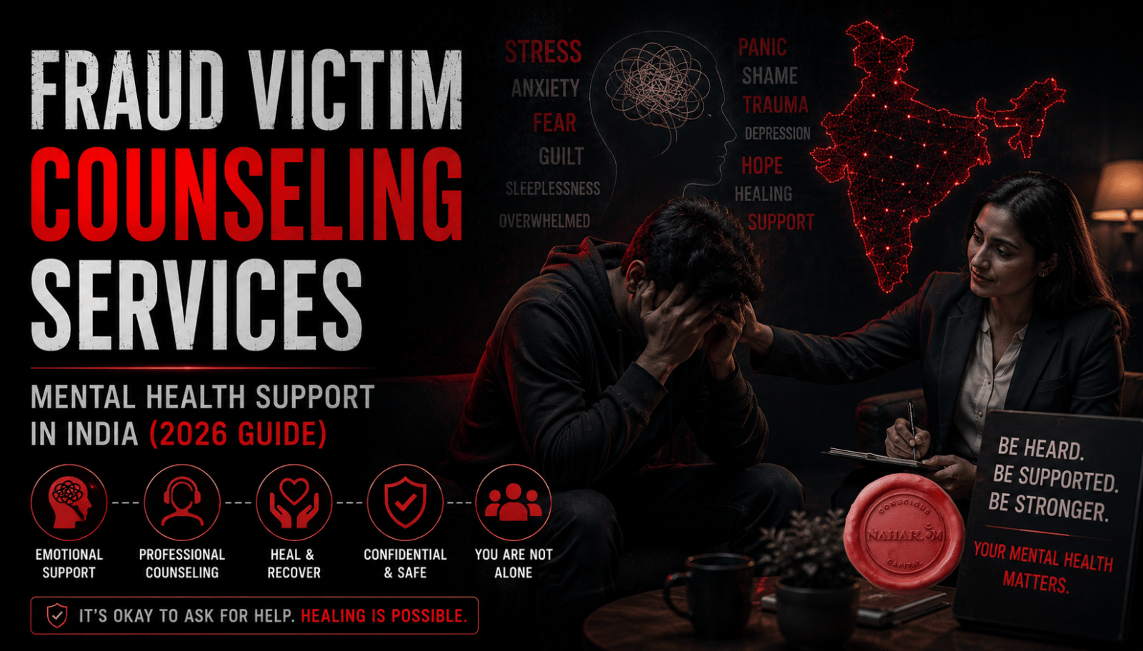 Mental health counseling support for cyber fraud victims dealing with trauma, anxiety, financial stress, and emotional recovery