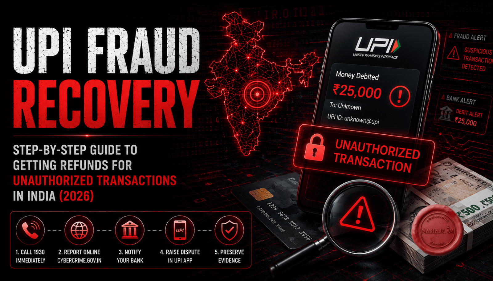 UPI fraud recovery process in India showing unauthorized transaction alerts, cybercrime reporting steps, and refund recovery workflow