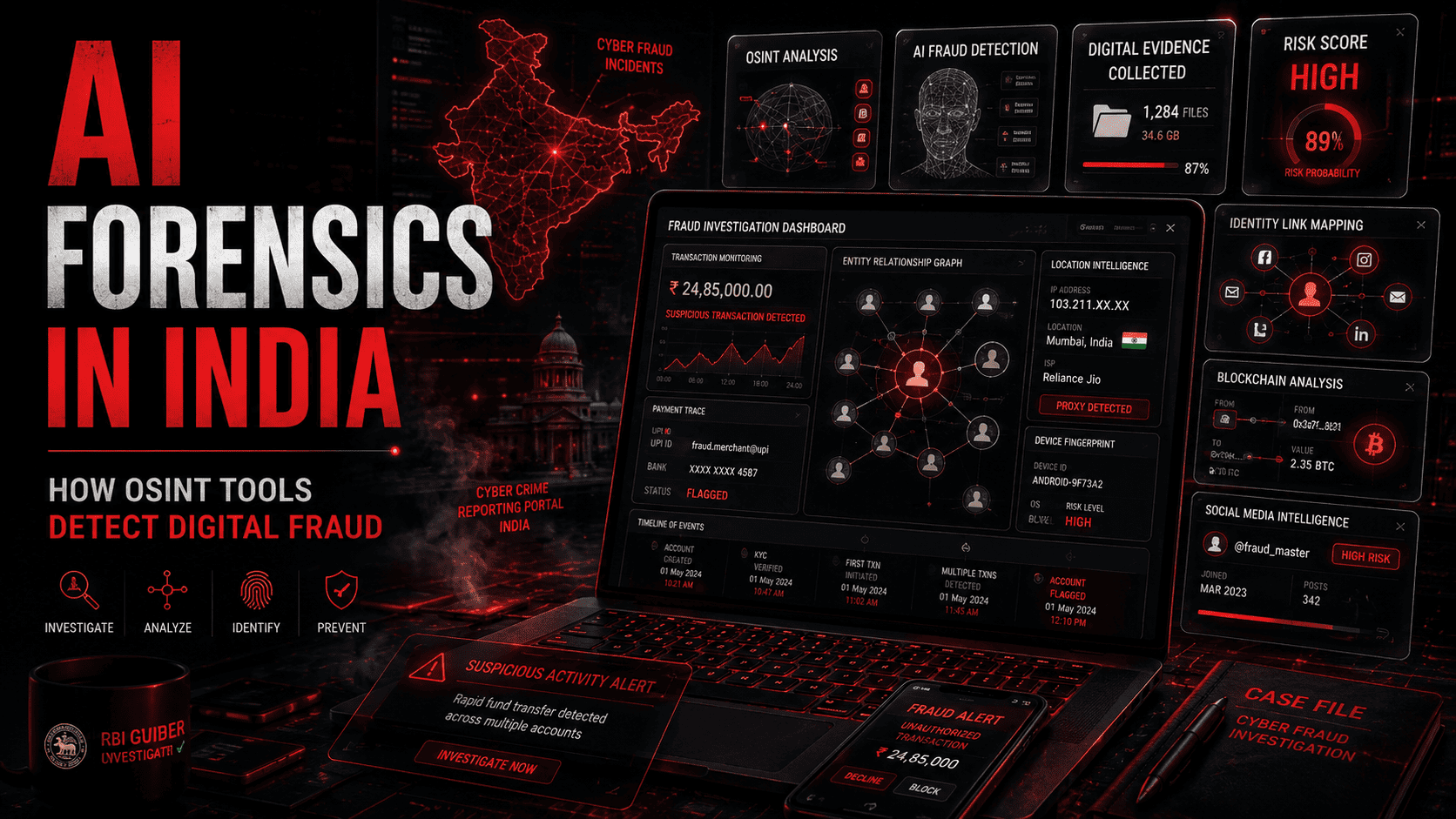 AI forensics investigation dashboard in India showing OSINT tools, fraud detection analytics, blockchain tracing, and cybercrime intelligence workflows