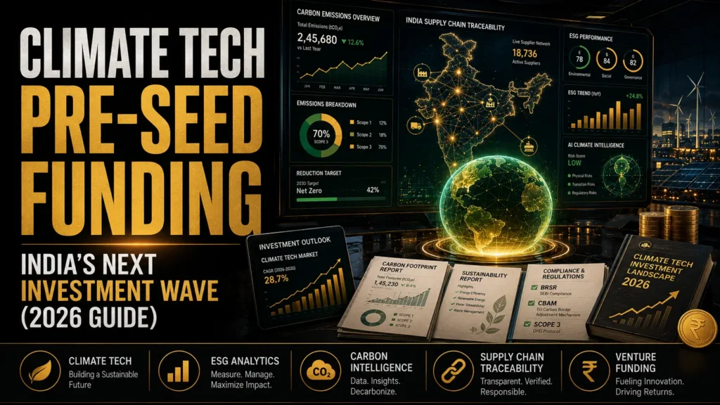 Climate Tech Pre-Seed Funding in India 2026 showing emissions intelligence platforms, ESG reporting dashboards, carbon accounting software, supply chain traceability tools and venture capital investment opportunities.