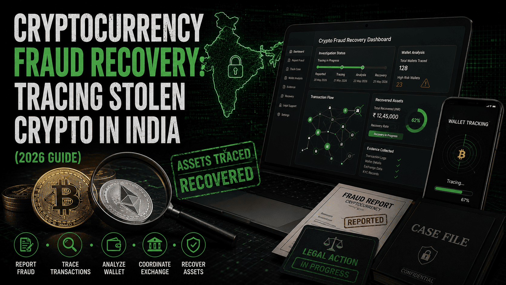 Cryptocurrency fraud recovery guide in India 2026 showing blockchain transaction tracing, stolen crypto investigation dashboard, wallet tracking, legal recovery process, cybercrime reporting, and digital asset recovery workflow.
