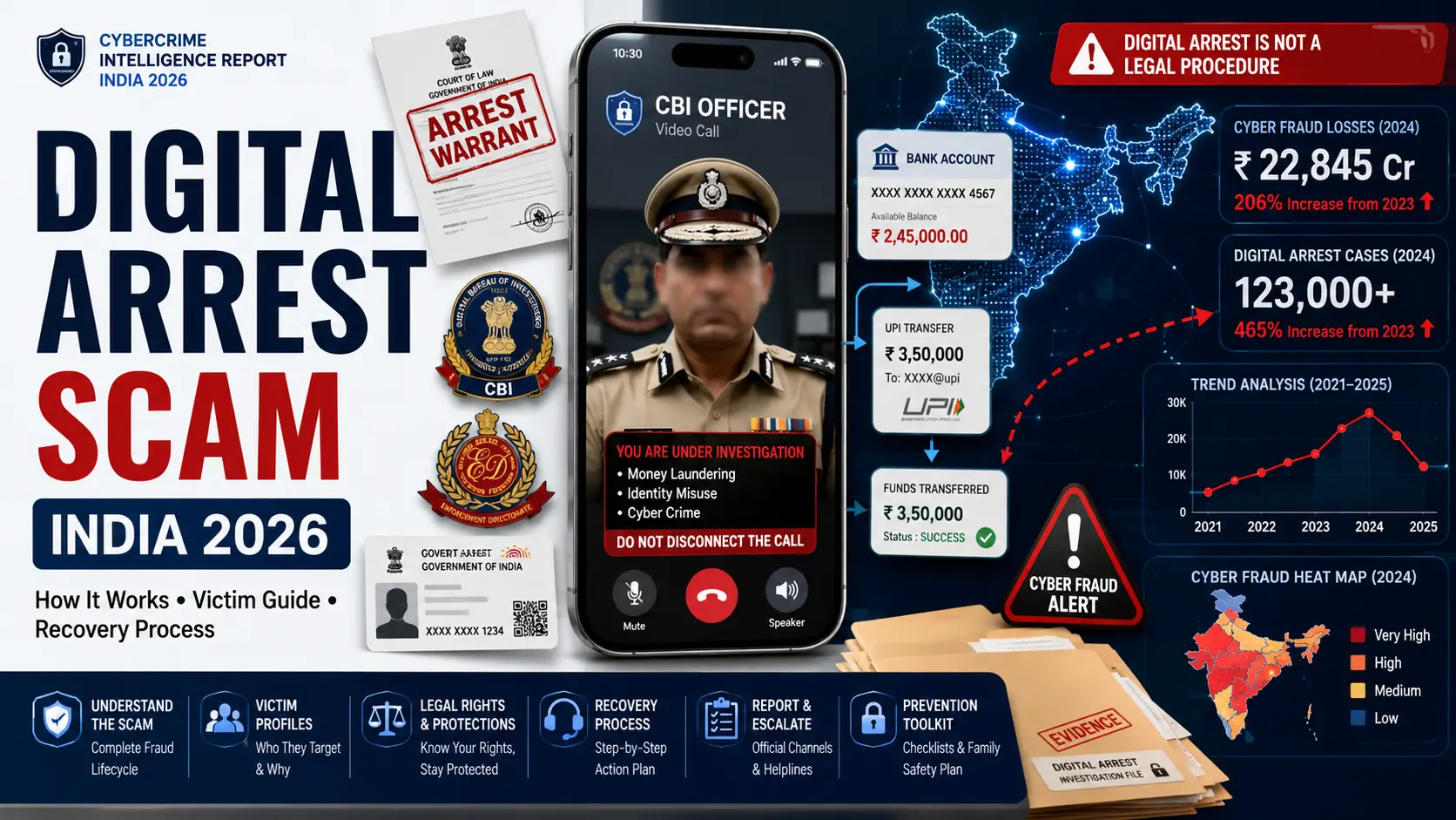 Digital Arrest Scam in India 2026 infographic showing fake CBI video call, cyber fraud statistics, arrest warrant scam tactics, victim recovery process, cybercrime losses and prevention framework.