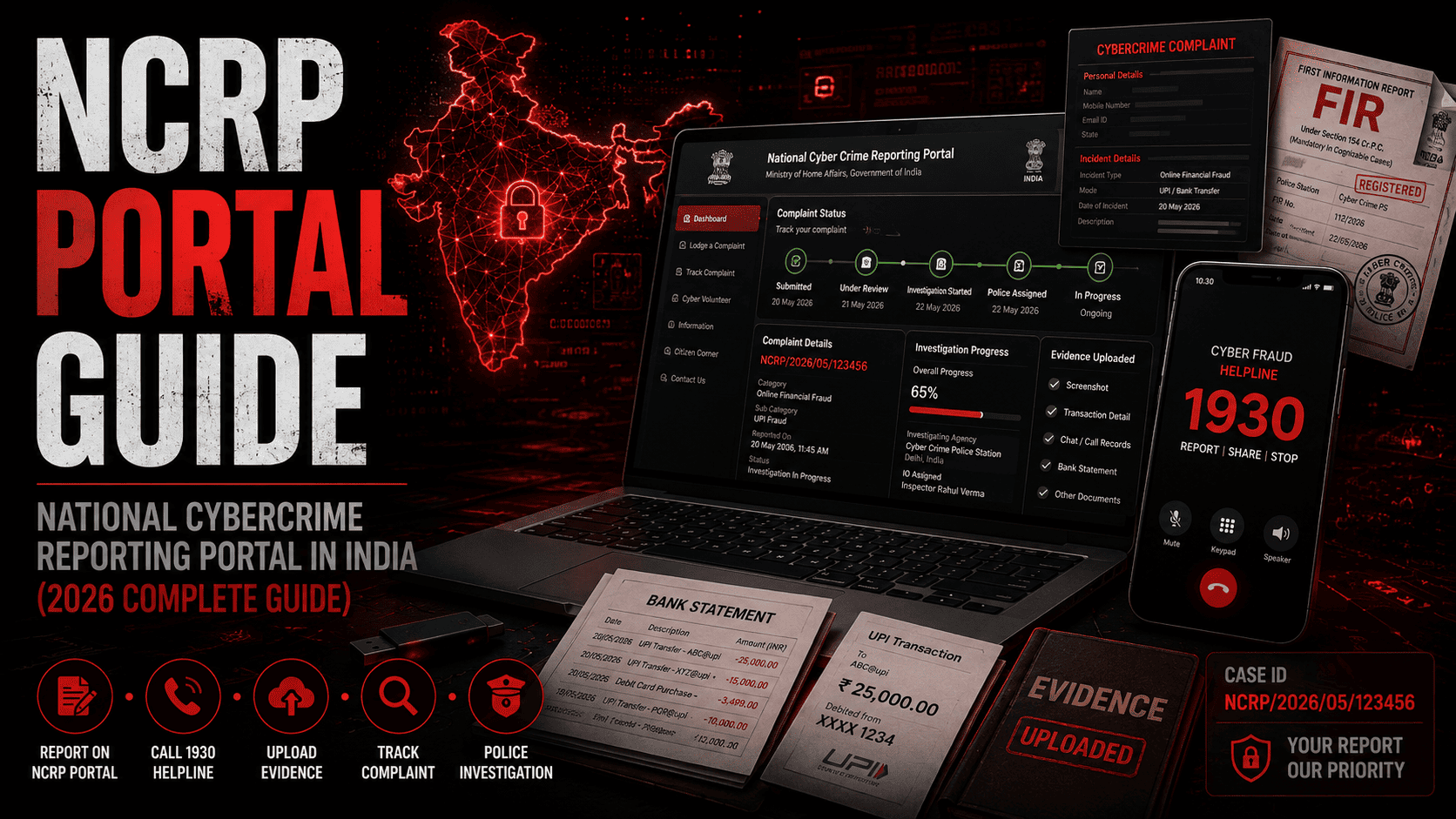 NCRP Portal Guide featured image showing the National Cyber Crime Reporting Portal dashboard on a laptop, 1930 cyber fraud helpline on a smartphone, FIR documents, UPI transaction evidence, and complaint tracking system with a glowing India map in the background.