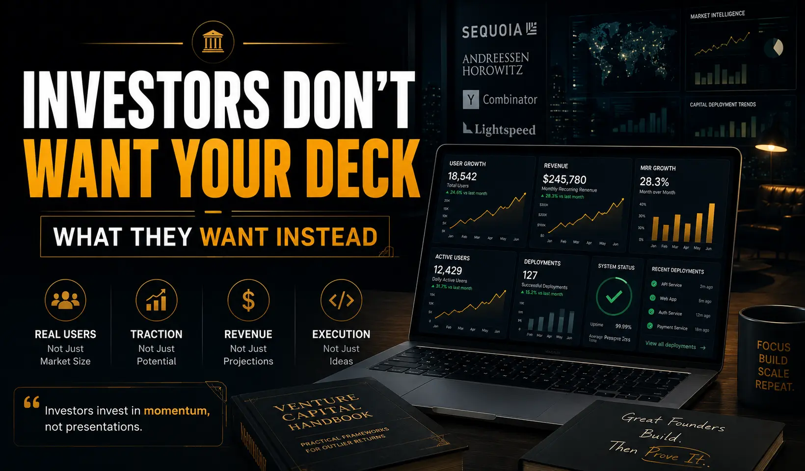 Startup funding through product validation showing investor dashboard with user growth metrics, revenue analytics, product traction indicators and venture capital evaluation process.