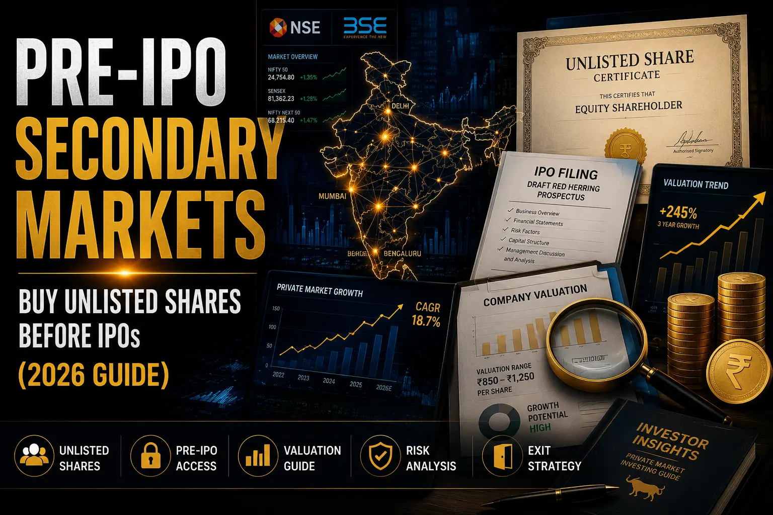 unlisted shares: Illustration showing India's pre-IPO secondary market with unlisted share certificates, valuation reports, IPO filing documents, stock market dashboards, and investment growth charts.
